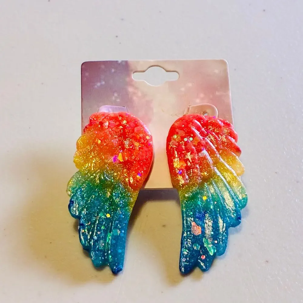 Rainbow Angel Wing Earrings Glitter Resin Statement Fairycore Pride Jewelry